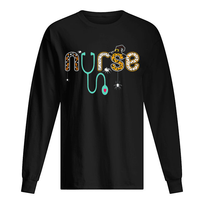 Nurse Halloween Spider Witch hat ghost Stethoscope Long Sleeved T-shirt 