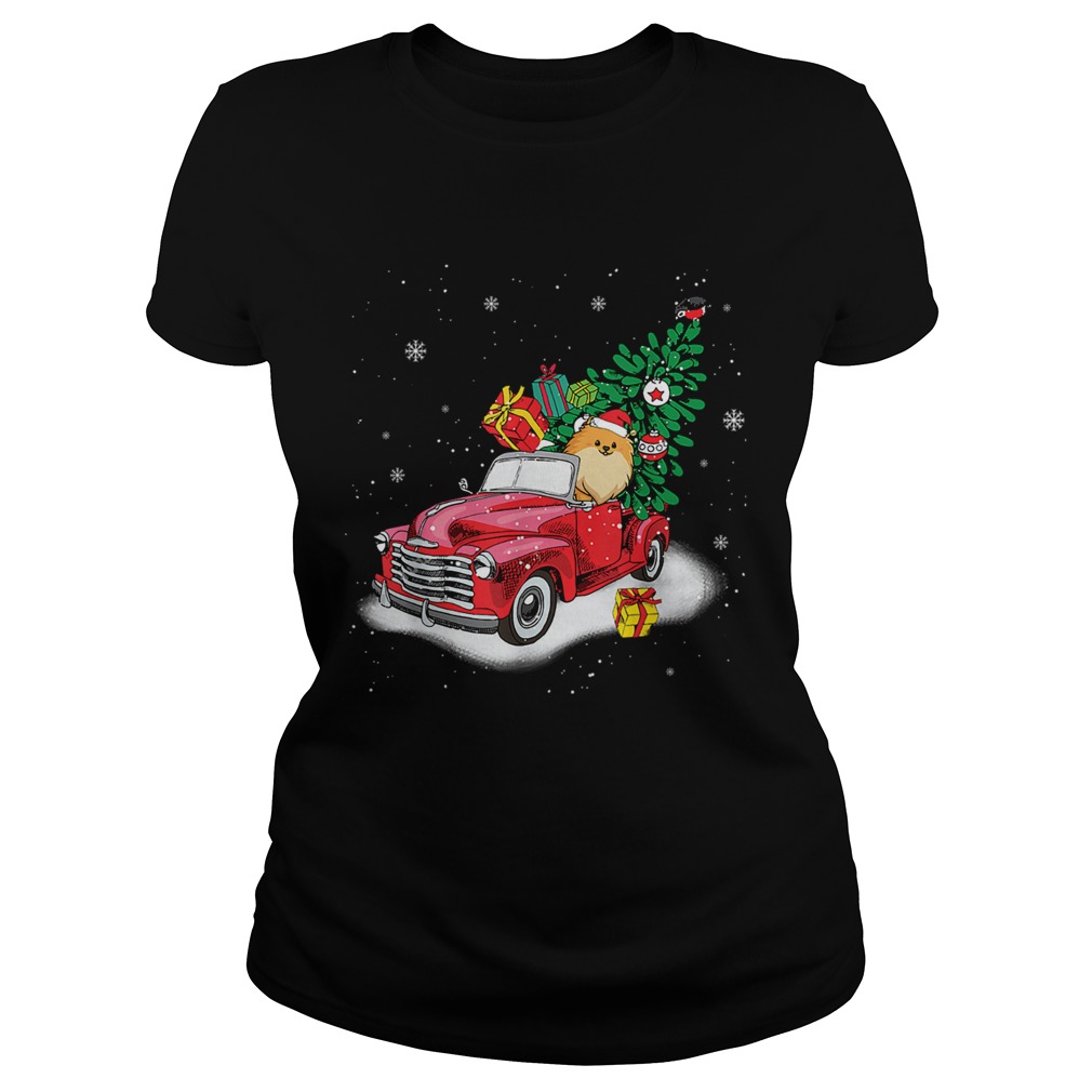 Pomeranian Rides Red Truck Christmas Tree Xmas Gifts TShirt Classic Ladies