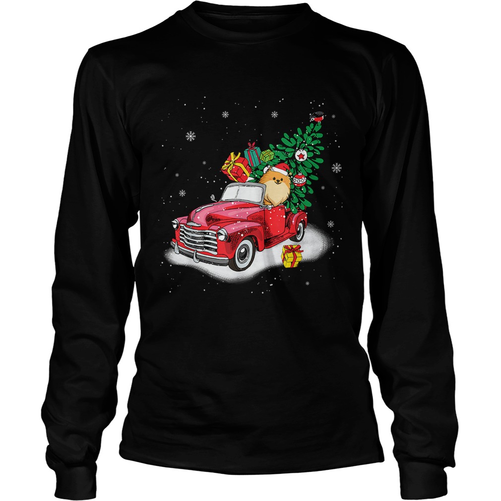 Pomeranian Rides Red Truck Christmas Tree Xmas Gifts TShirt LongSleeve