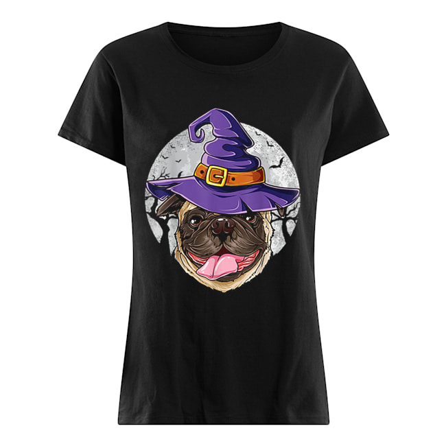 Pug Witch Hat Funny Halloween Gifts Dog Classic Women's T-shirt