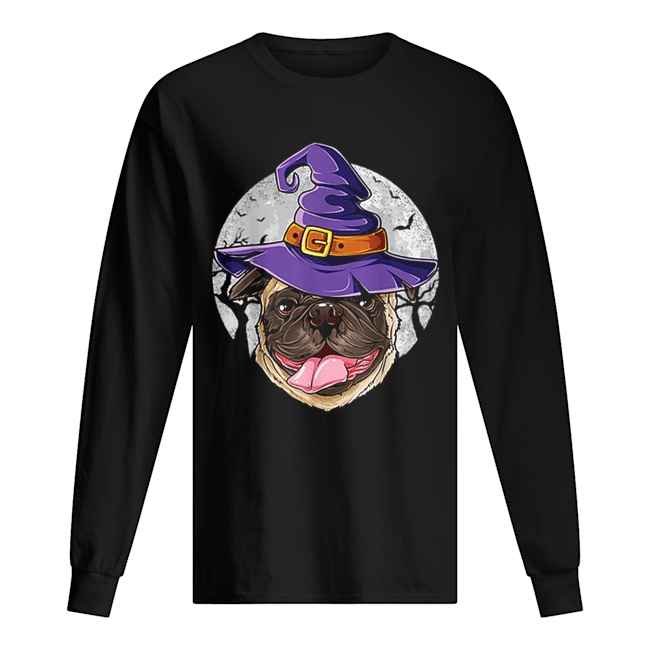 Pug Witch Hat Funny Halloween Gifts Dog Long Sleeved T-shirt 