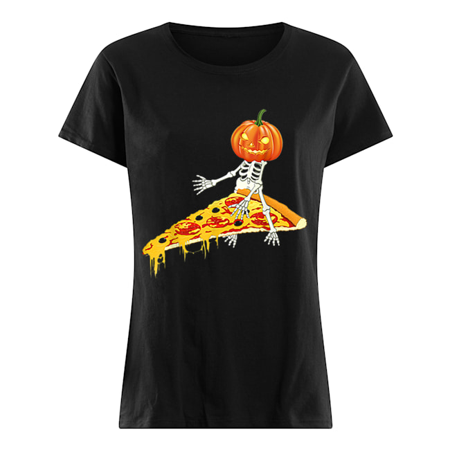 Pumpkin Skeleton Riding a Pizza Halloween Classic Women's T-shirt