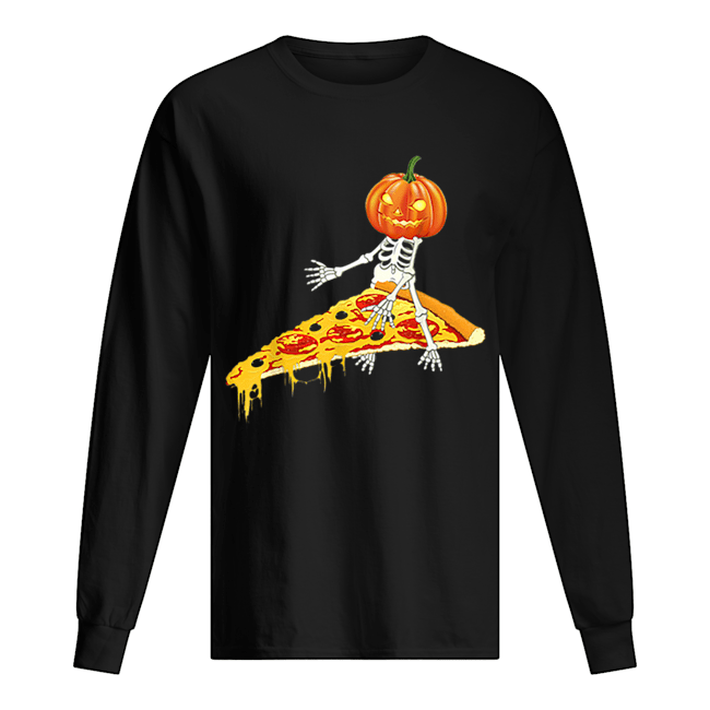 Pumpkin Skeleton Riding a Pizza Halloween Long Sleeved T-shirt 