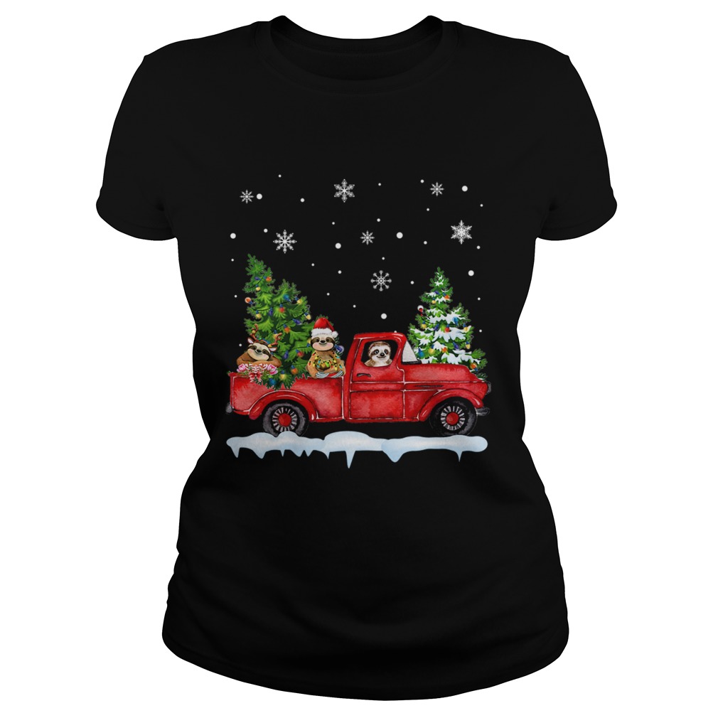 Sloth With Red Truck Christmas Holiday Gift TShirt Classic Ladies