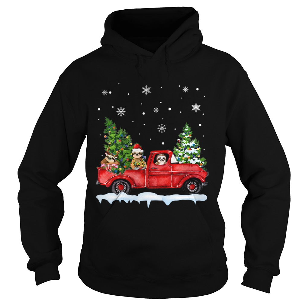 Sloth With Red Truck Christmas Holiday Gift TShirt Hoodie