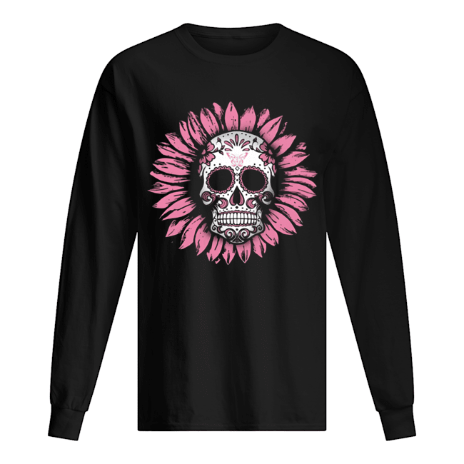 Sunflower Sugar Skull Breast Cancer Awareness Long Sleeved T-shirt 