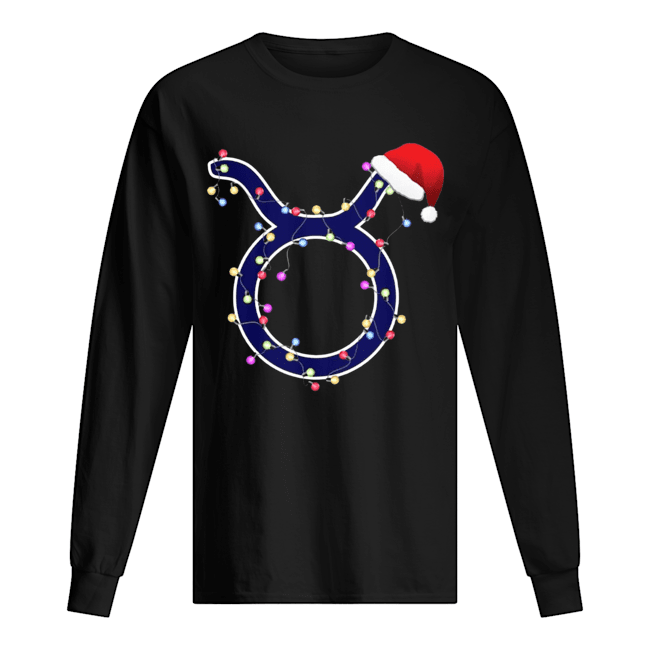 Taurus Zodiac Sign In Christmas Lights And Santa’s Hat T-Shirt Long Sleeved T-shirt 