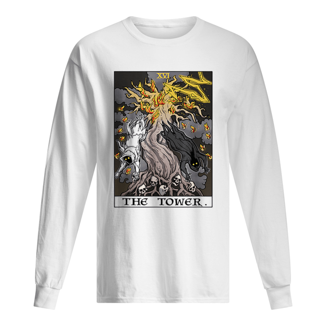 The Tower Tarot Card Halloween Tree of Life Goth Witch Gift Long Sleeved T-shirt 