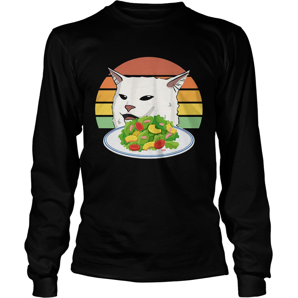 Angry women yelling at confused cat at dinner table meme LongSleeve
