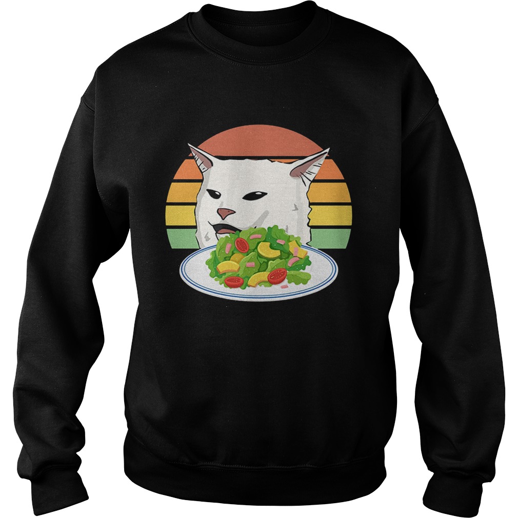 Angry women yelling at confused cat at dinner table meme Sweatshirt