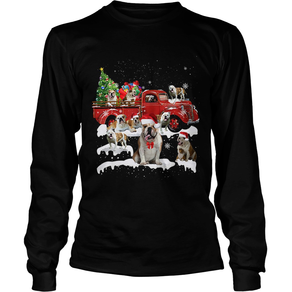 Bulldog Riding Red Truck Xmas Merry Christmas LongSleeve