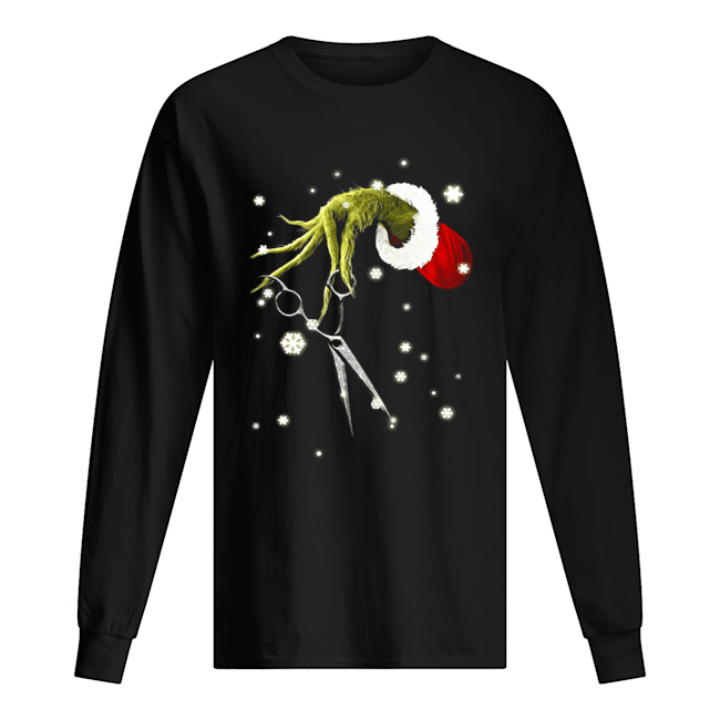 Grinch Hand Holding Scissor Christmas Long Sleeved T-shirt 
