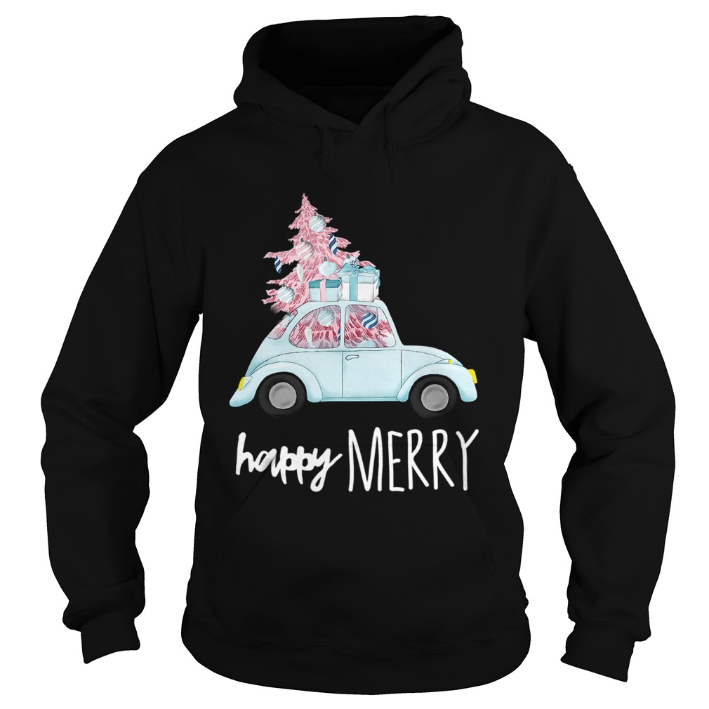 Happy Merry Vintage Car Christmas Holiday Pink Xmas Tree Hoodie