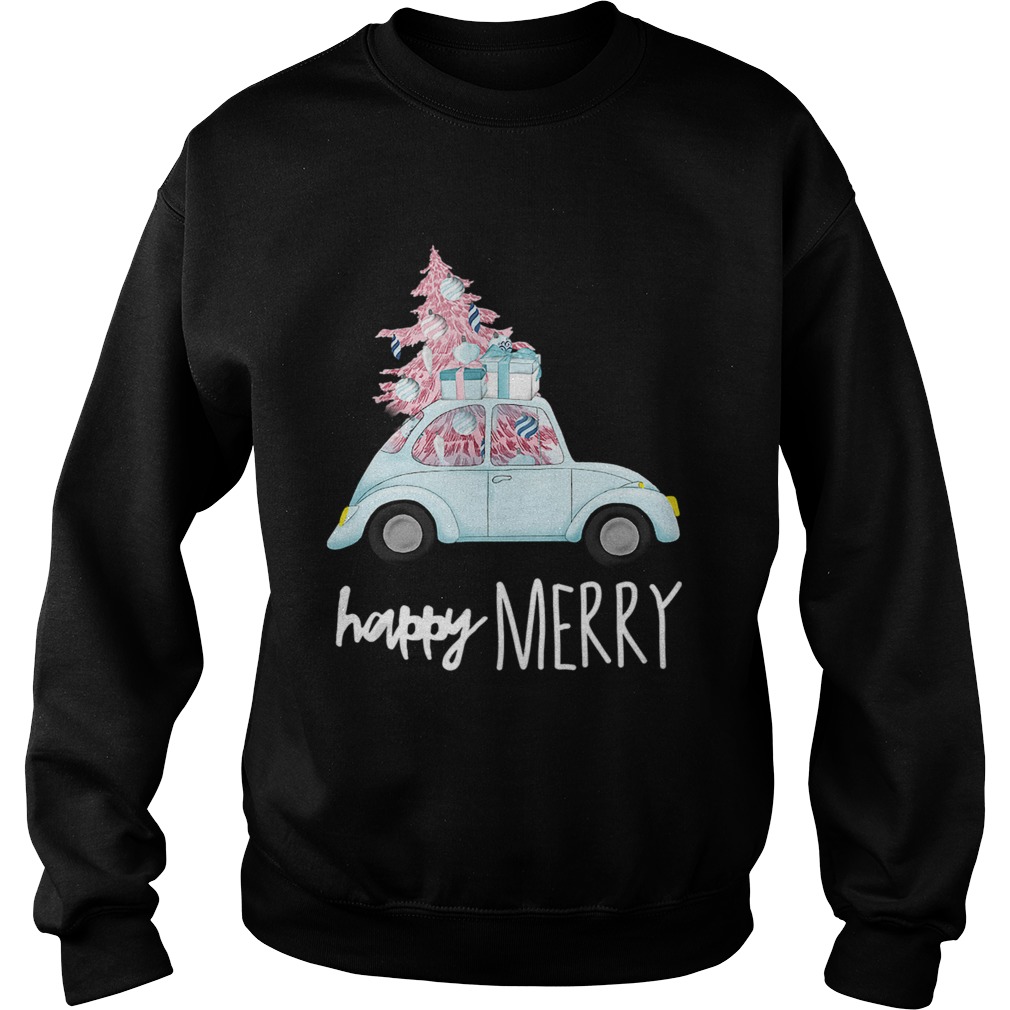 Happy Merry Vintage Car Christmas Holiday Pink Xmas Tree Sweatshirt