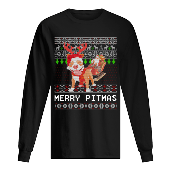 Merry Pitmas Ugly Christmas Pitbull Dog Funny Xmas Gift Long Sleeved T-shirt 