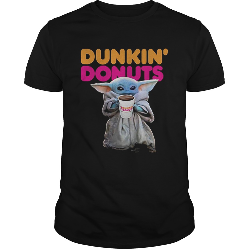 Baby Yoda holding Dunkin Donuts Star Wars shirt