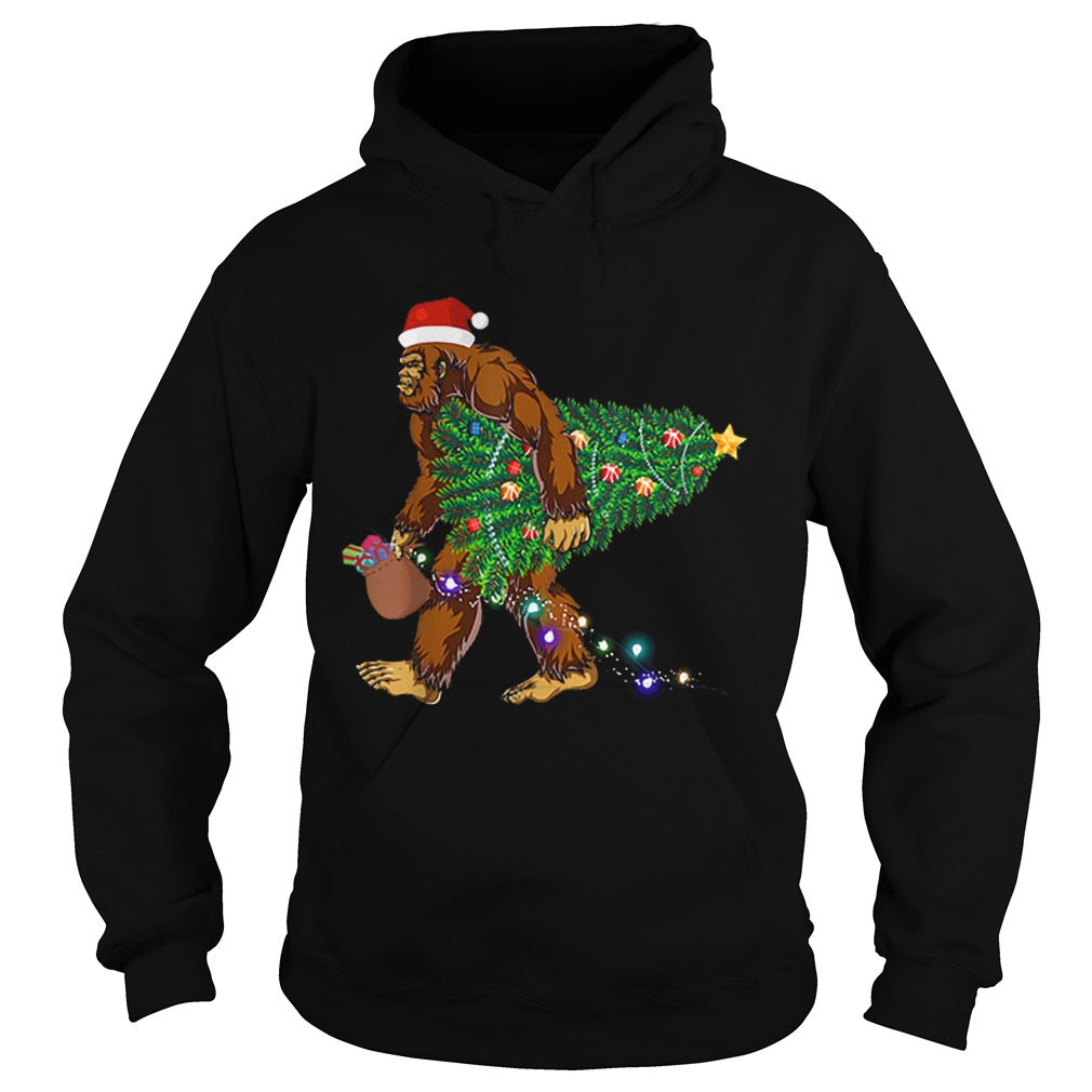 Bigfoot Carrying Christmas Tree Sasquatch Santa Hoodie