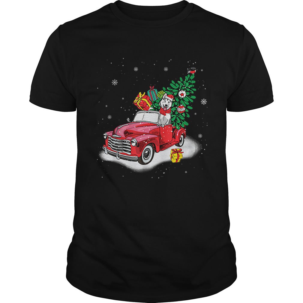 Husky Rides Red Truck Christmas Tree Xmas Gifts shirt