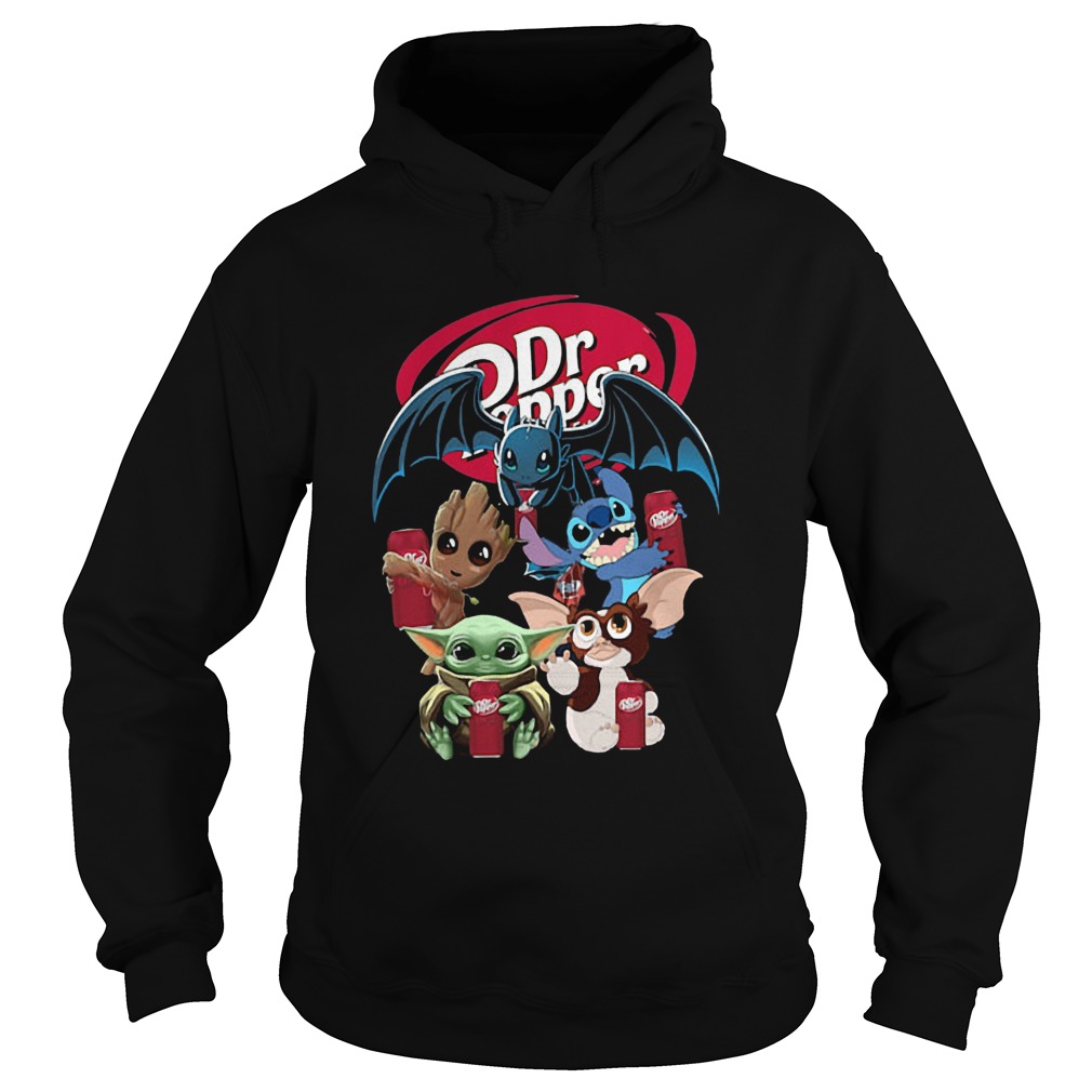 Baby Yoda Groot And Toothless Stitch Gizmo Hugging Dr Pepper Hoodie