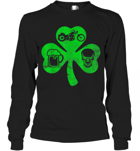 Motorcycle St Patricks Day Lucky Biker Beer Skull T-Shirt Long Sleeved T-shirt 