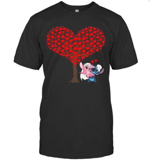 Romantic Stitch And Angel Love The Wedding Hearts Tree Disney T-Shirt