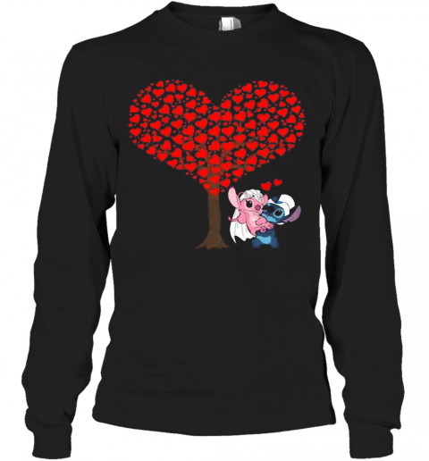Romantic Stitch And Angel Love The Wedding Hearts Tree Disney T-Shirt Long Sleeved T-shirt 