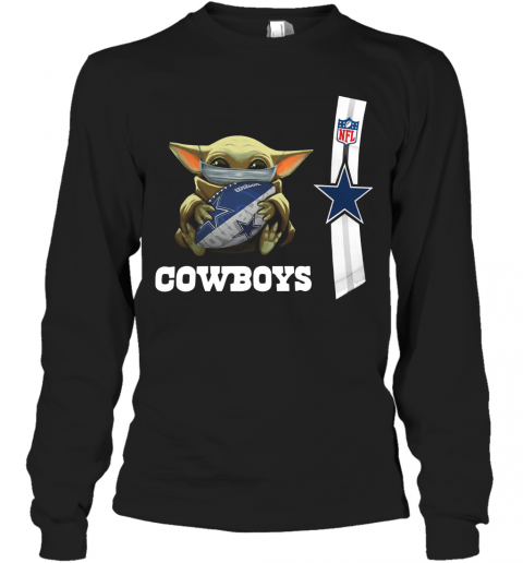 Baby Yoda Mask Hug Dallas Cowboys Ball NFL T-Shirt Long Sleeved T-shirt 