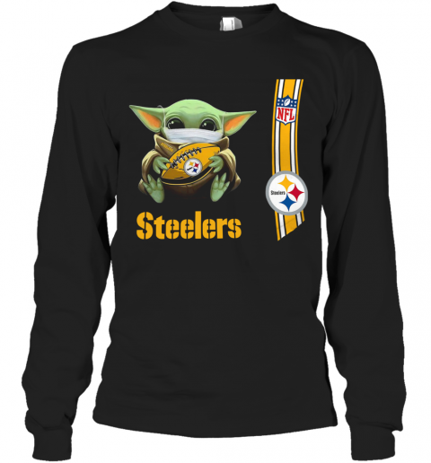 Baby Yoda Mask Hug Pittsburgh Steelers Ball NFL T-Shirt Long Sleeved T-shirt 
