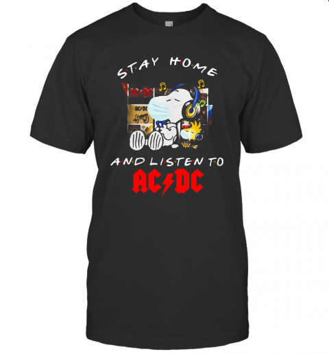 Snoopy And Woodstock Face Mask Stay Home And Listen To Acdc Hard Rock Band T-Shirt