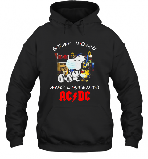 Snoopy And Woodstock Face Mask Stay Home And Listen To ACDC Hard Rock Band T-Shirt Unisex Hoodie