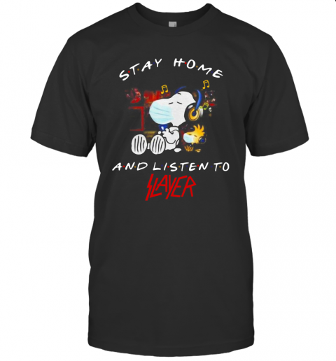Snoopy And Woodstock Face Mask Stay Home And Listen To Slayer Thrash Metal Band T-Shirt