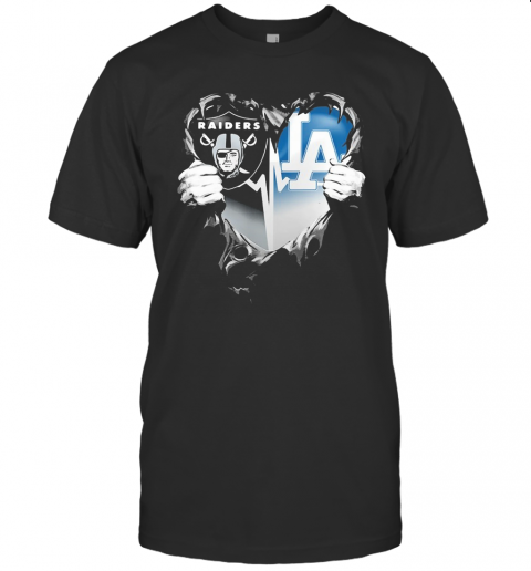 Blood Inside Oakland Raiders And Los Angeles Dodgers Heart Heartbeat T-Shirt