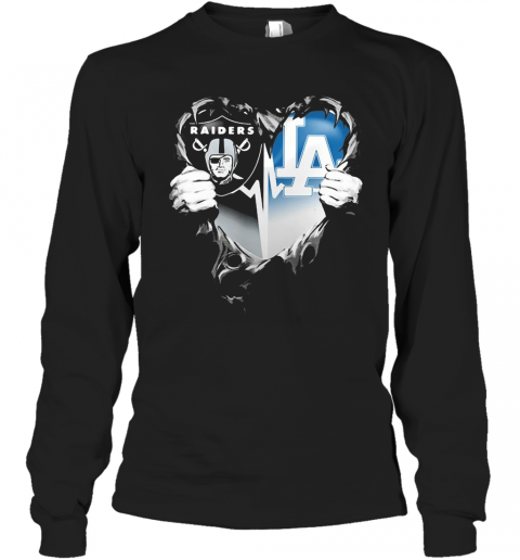 Blood Inside Oakland Raiders And Los Angeles Dodgers Heart Heartbeat T-Shirt Long Sleeved T-shirt 