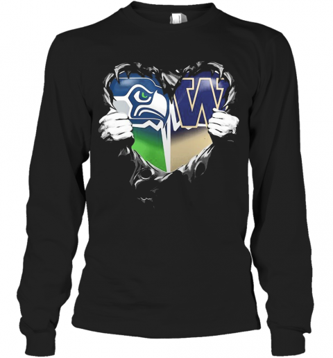 Blood Inside Seattle Seahawks And Washington Huskies Heart T-Shirt Long Sleeved T-shirt 