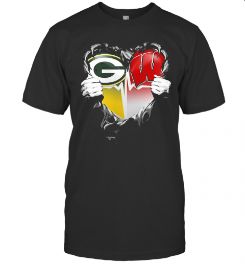 Blood Insides Green Bay Packers And Wisconsin Badgers Heart Heartbeat T-Shirt