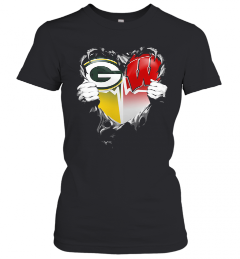 Blood Insides Green Bay Packers And Wisconsin Badgers Heart Heartbeat T-Shirt Classic Women's T-shirt