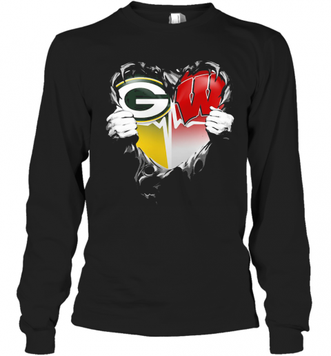 Blood Insides Green Bay Packers And Wisconsin Badgers Heart Heartbeat T-Shirt Long Sleeved T-shirt 
