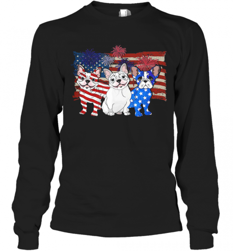 French Bulldog Firework American Flag Independence Day T-Shirt Long Sleeved T-shirt 