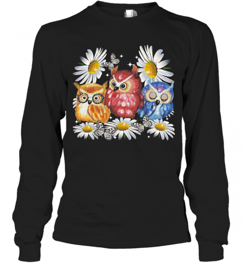 Owl And Daisy Flower T-Shirt Long Sleeved T-shirt 
