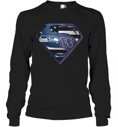Seattle Seahawks And Washington Huskies Superman T-Shirt Long Sleeved T-shirt 