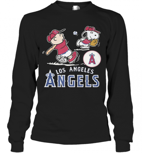 Snoopy And Charlie Brown Playing Baseball Los Angeles Angels T-Shirt Long Sleeved T-shirt 