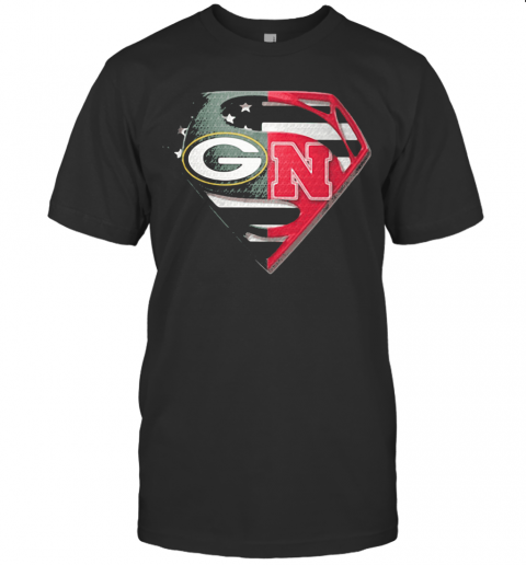 Superhero Green Bay Packers And Nebraska Cornhuskers Diamond American Flag Independence Day T-Shirt