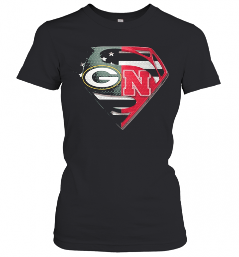 Superhero Green Bay Packers And Nebraska Cornhuskers Diamond American Flag Independence Day T-Shirt Classic Women's T-shirt