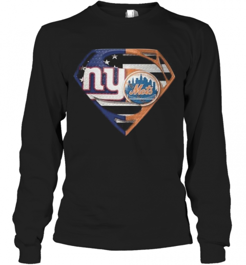 Superhero New York Giants Vs New York Mets Diamond American Flag T-Shirt Long Sleeved T-shirt 