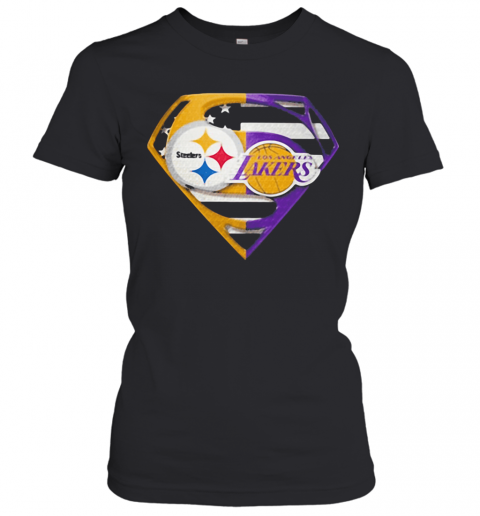 Superhero Pittsburgh Steelers And Los Angeles Lakers Diamond American Flag Independence Day T-Shirt Classic Women's T-shirt