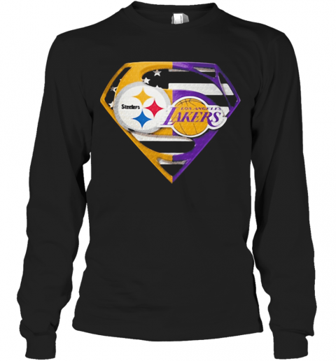Superhero Pittsburgh Steelers And Los Angeles Lakers Diamond American Flag Independence Day T-Shirt Long Sleeved T-shirt 