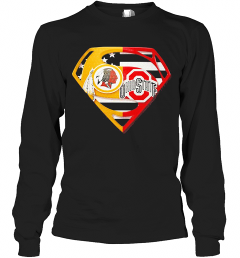 Superhero Washington Redskins And Ohio State Buckeyes Diamond American Flag T-Shirt Long Sleeved T-shirt 