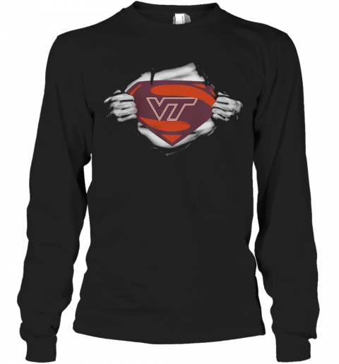 Blood Insides Superman Virginia Tech Hokies Football T-Shirt Long Sleeved T-shirt 