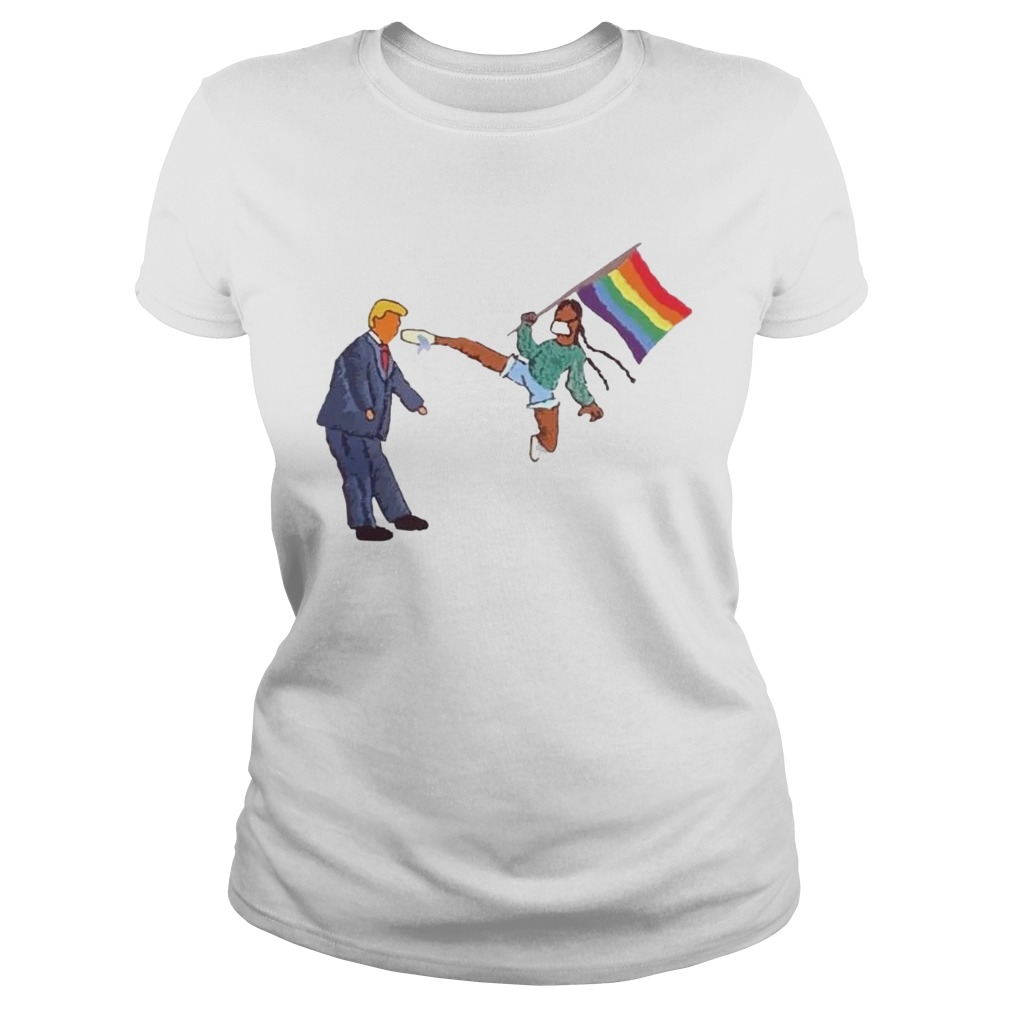 Lgbt Black Girl Hold Pride Flag Kicking Trump In Face Classic Ladies
