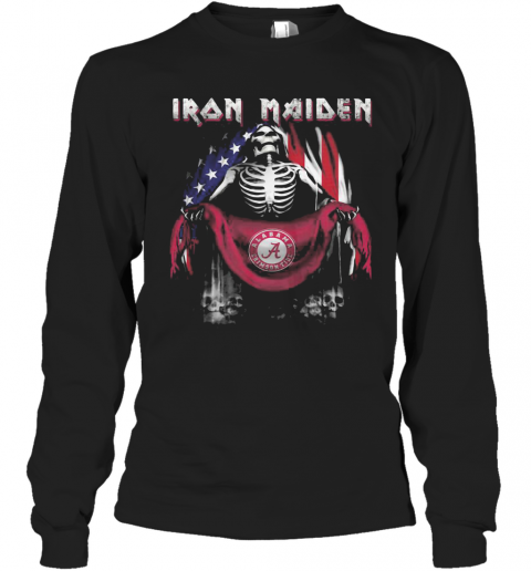 Skeleton Iron Maiden Alabama Crimson Tide Logo American Flag Independence Day T-Shirt Long Sleeved T-shirt 